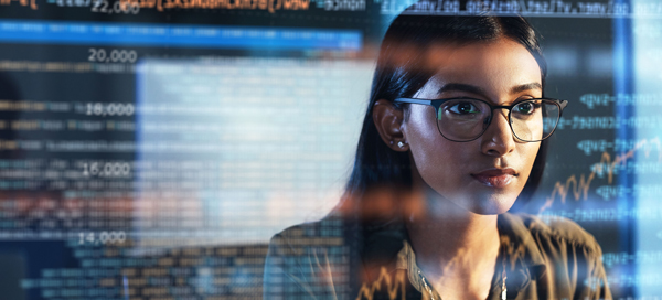 Software, coding hologram and woman in data analytics